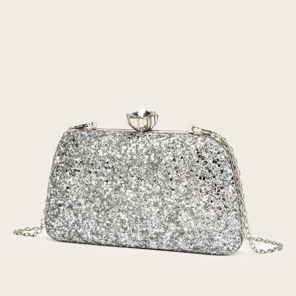 Silver Glitter Bling, Sequin, Rhinestone Evening Box Bag - Picture 2 of 8